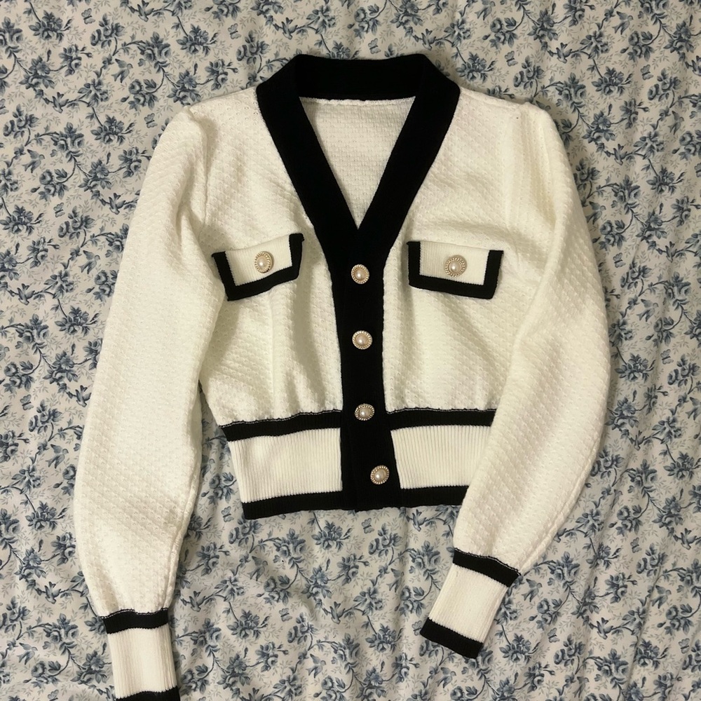 Classic White & Black Trim Women's Cardigan Sweater